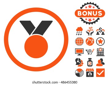 Army Medal icon with bonus pictogram. Vector illustration style is flat iconic bicolor symbols, orange and gray colors, white background.