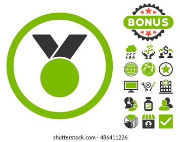 Army Medal icon with bonus pictures. Vector illustration style is flat iconic bicolor symbols, eco green and gray colors, white background.