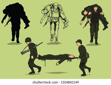 Army men helping others vector design with green background.