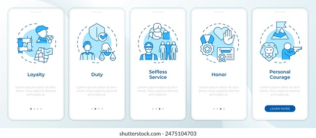 Army mental values blue onboarding mobile app screen. Walkthrough 5 steps editable graphic instructions with linear concepts. UI, UX, GUI template. Montserrat SemiBold, Regular fonts used