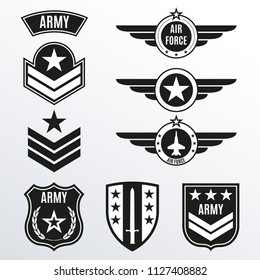 Army and military badge set. Air force emblem with wings and star. Military patch collection. Vector illustration.
