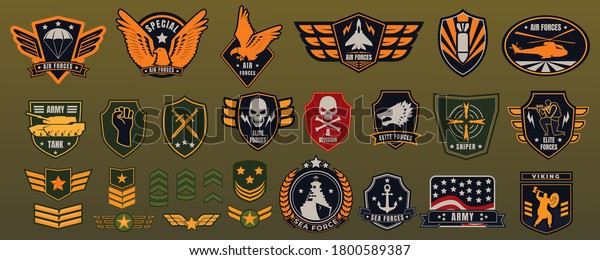 Army military badge vector illustration set.\
Cartoon flat militarism items collection with American soldier\
chevrons, patches and airborne retro label, armed forces emblems of\
eagles stars anchor