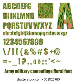 Army, military camouflage, floral font. It contains uppercase and lowercase letters, numbers and symbols. Consisting Seamless floral pattern. Vector illustration on the white background.