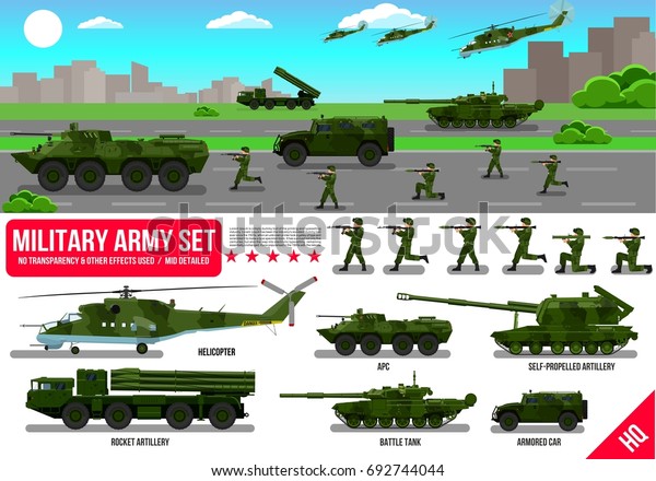 Army\
military set with tank, rocket artillery, helicopter, troopers\
soldiers, armored car, armored carrier, in desert camouflage &\
battle scene in flat design in vector\
collection\
