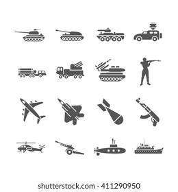 Army, Military Vector Icons Set. Military Weapon, Military Rocket, Military Transport Illustration