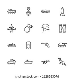 Army Military War and Battle outline icons set - Black symbol on white background.Army Military War and Battle Simple Illustration Symbol lined simplicity Sign. Flat Vector thin line Icon editable stroke