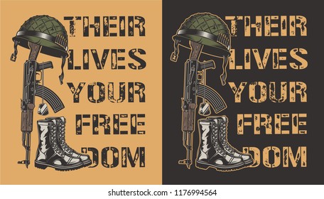 Army Motivational Poster With Gun, Helmet And Boot. Vector Illustration
