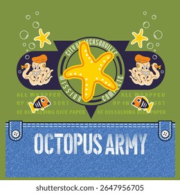 army octopus catching fish, Animal Cartoon, Flat Vector Illustration isolated