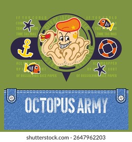 army octopus catching fish, Animal Cartoon, Flat Vector Illustration isolated