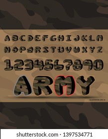 Army Original font a set of letters and numbers. Vector of camouflage pattern abstract font and alphabet