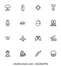 Army Outline Icons Set. Collection Of Atomic Bomb, Venom, Fugitive And Other Elements. Also Includes Symbols Such As Rocket, Atom, Military.