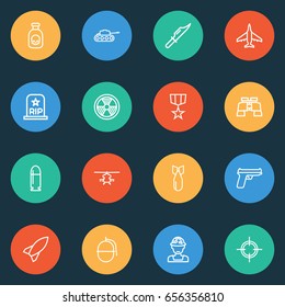 Army Outline Icons Set. Collection Of Aircraft, Radiation, Rip And Other Elements. Also Includes Symbols Such As Fighter, Medal, Ballet.