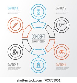 Army Outline Icons Set. Collection Of Officer, Zoom Glasses, Fugitive And Other Elements. Also Includes Symbols Such As Military, Gun, Fire.