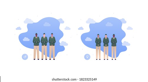 Army patriotism concept. Military infantry officer character in uniform. Vector flat people illustration. Man and woman diverse caucasian, african, hispanic group. Design for banner, web, infographic