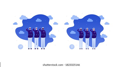 Army and patriotism concept. Military and police character in mess uniform. Vector flat people illustration. Diverse human group in salute pose. Design element for banner, web, infographic.