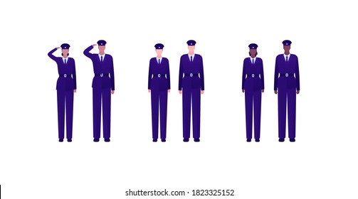 Army patriotism concept. Military and police character in mess uniform. Vector flat people illustration. Man and woman diverse human group. Attention, salute pose. Design for banner, web, infographic