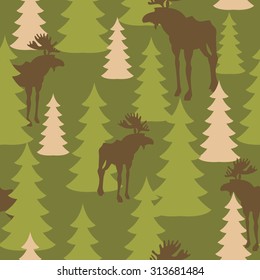 Army pattern of deer and forest. Military camouflage texture Vector Moose and trees. Hunter protective seamless.