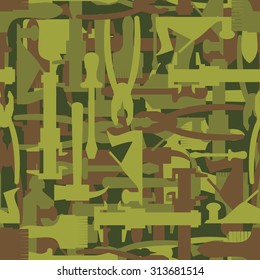 Army pattern tool. Military camouflage texture Vector of hammer, Paintbrush and screwdriver. Hunter, soldiers protective seamless of soldiery builders.