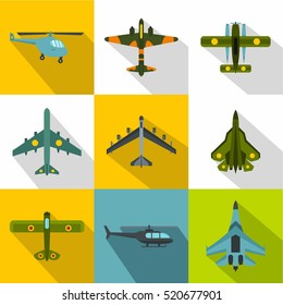 Army planes icons set. Flat illustration of 9 army planes vector icons for web