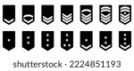 Army Rank Black Silhouette Icon. Military Badge Insignia Symbol. Chevron Star and Stripes Logo. Soldier Sergeant, Major, Officer, General, Lieutenant, Colonel Emblem. Isolated Vector Illustration.