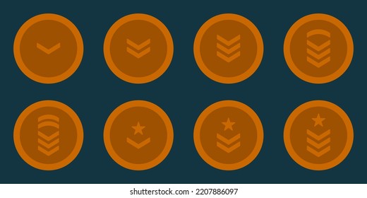 Icono del Bronce del Rank del Ejército. Símbolo de insignia de la insignia militar. Logo de Estrella y Rayas de Chevron. Sargento Soldado, Mayor, Oficial, General, Teniente, Coronel Emblem. Ilustración de vectores aislados.