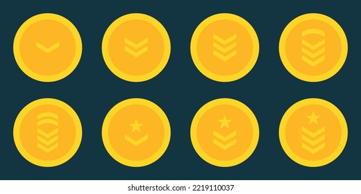 Army Rank Gold Icon. Military Badge Insignia Symbol. Chevron Star and Stripes Logo. Soldier Sergeant, Major, Officer, General, Lieutenant, Colonel Emblem. Isolated Vector Illustration.
