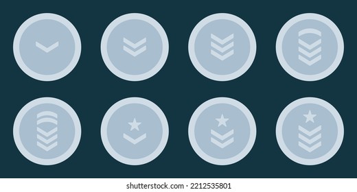 Army Rank Silver Icon. Military Badge Insignia Symbol. Chevron Star And Stripes Logo. Soldier Sergeant, Major, Officer, General, Lieutenant, Colonel Emblem. Isolated Vector Illustration.