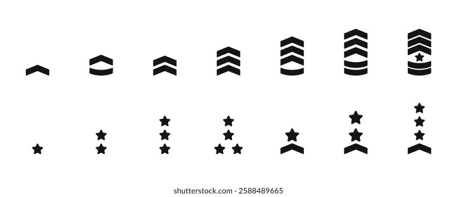 Army ranking icons. Military rank symbols. Chevron stripes badge. Military uniform badges vector illustration