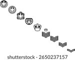 Army ranks from junior corporal to senior warrant officer, army rank icons silhouettes in black colors.