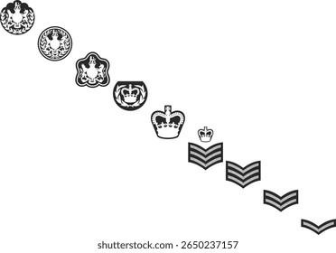 Army ranks from junior corporal to senior warrant officer, army rank icons silhouettes in black colors.
