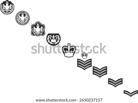 Army ranks from junior corporal to senior warrant officer, army rank icons silhouettes in black colors.