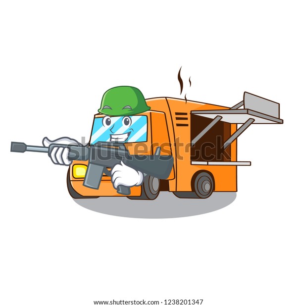 Army rendering\
cartoon of food truck\
shape