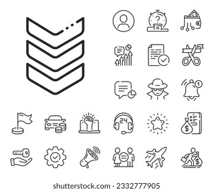 Army reward sign. Salaryman, gender equality and alert bell outline icons. Shoulder strap line icon. Best rank symbol. Shoulder strap line sign. Spy or profile placeholder icon. Vector