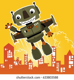 Army Robot Flying Across City, Vector Cartoon