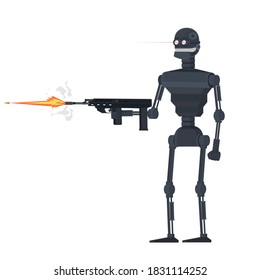 Army robot. Robot shoots weapons, vector illustration