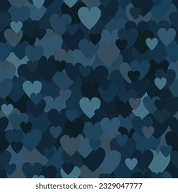 Army sapphire blue heart pattern. Camouflage Vector texture for Valentines Day. Hunter, Soldier Protective seamless pattern. Wrapping paper or camo textile print.