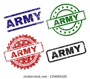 ARMY seal prints with corroded surface. Black, green,red,blue vector rubber prints of ARMY tag with corroded style. Rubber seals with circle, rectangle, medal shapes.