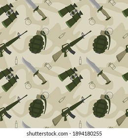 Patrón sin foco del ejército con cuchillo militar, granada de mano, binocular y rifle de asalto. Puedes usar este diseño para crear póster, camiseta, almohada, bolso de té, bolsa, bolsa, estuche de teléfono, etc.