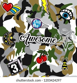 Army seamless pattern. Repeating camouflage print with cool patches. Hand drawn camo fashion background with pop art and military badges. Vector illustration