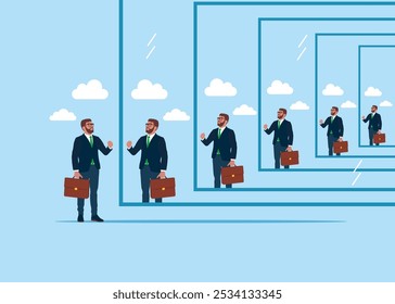 Army. Self confidence. Businessman reflecting himself in the mirror, loop surreal concept. Flat vector illustration