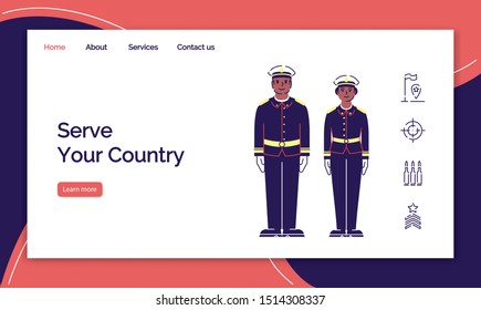 Army service landing page vector template. US soldiers website interface idea with flat illustrations. Officers, sergeants homepage layout. Military guard web banner, webpage cartoon concept