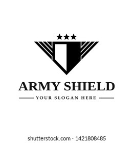 Army shield vector template logo. High quality design with wing or star symbol. Can be used for emblem. 