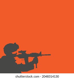 Army silhouette with weapon on orange background . military design concept