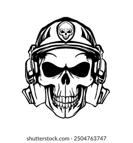 Army skull head with headphone black and white outline vector isolated on white background