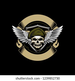 army skull head with wing vector badge logo template military theme