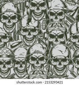 Army skull vintage pattern seamless monochrome heads of soldiers in damaged helmets XX century with weapons and grenades vector illustration