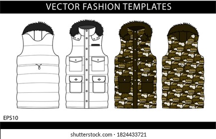 army sleeveless jacket.  vest fashion illustration. winter jacket