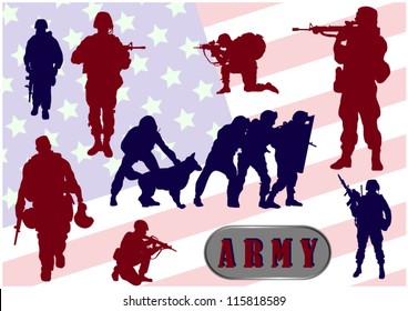 Army Soldier armed groups against the flag