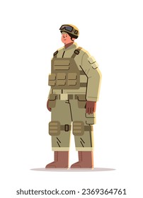army soldier in comouflage helmet and life vest happy labor day celebration concept