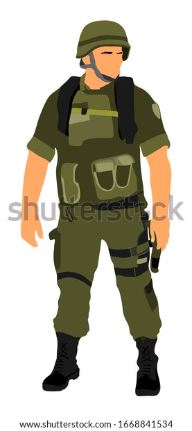 Army soldier with gun on duty vector illustration.\
Memorial day, Veterans day, 4th of July, Independence day. Soldier\
keeps watch on the guard. Ranger on border. Demining unit commandos\
special force